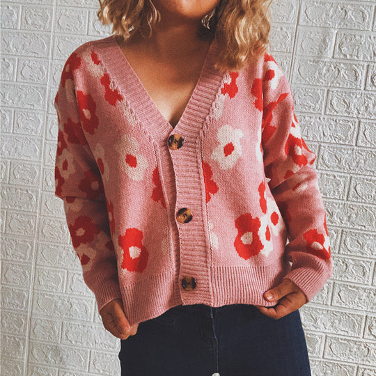 Damen Strickjacke mit floralen Mustern und dekorativen Knöpfen EB