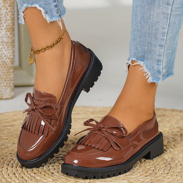 Damen nan elegante Lack-Plateau-Loafer mit dekorativer Schleife und profilierter Gummisohle EB