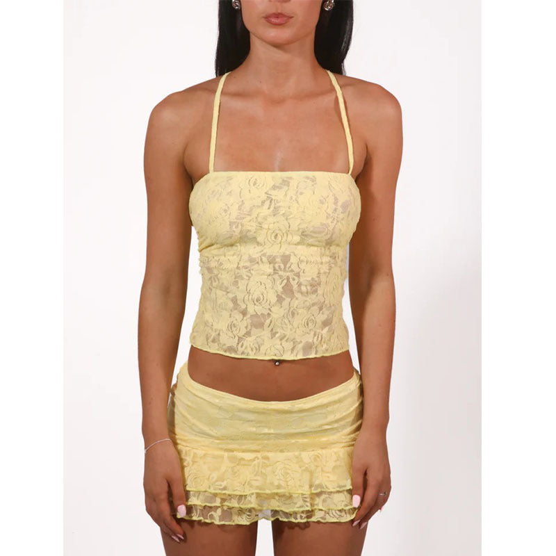 Damen Spitzencrop-Top mit gewelltem Rock EB