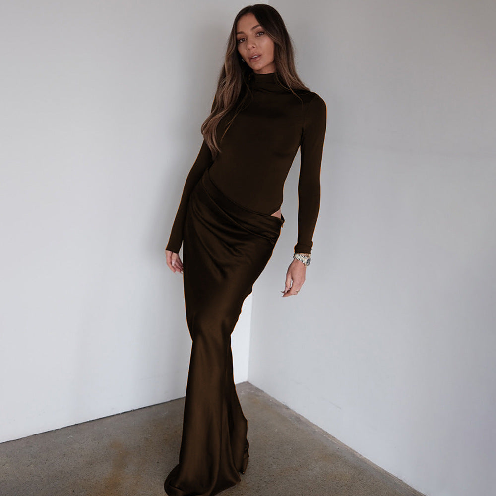 Damen Elegantes langärmliges Maxikleid mit figurbetontem Schnitt und raffiniertem Drapierungsdetail EB
