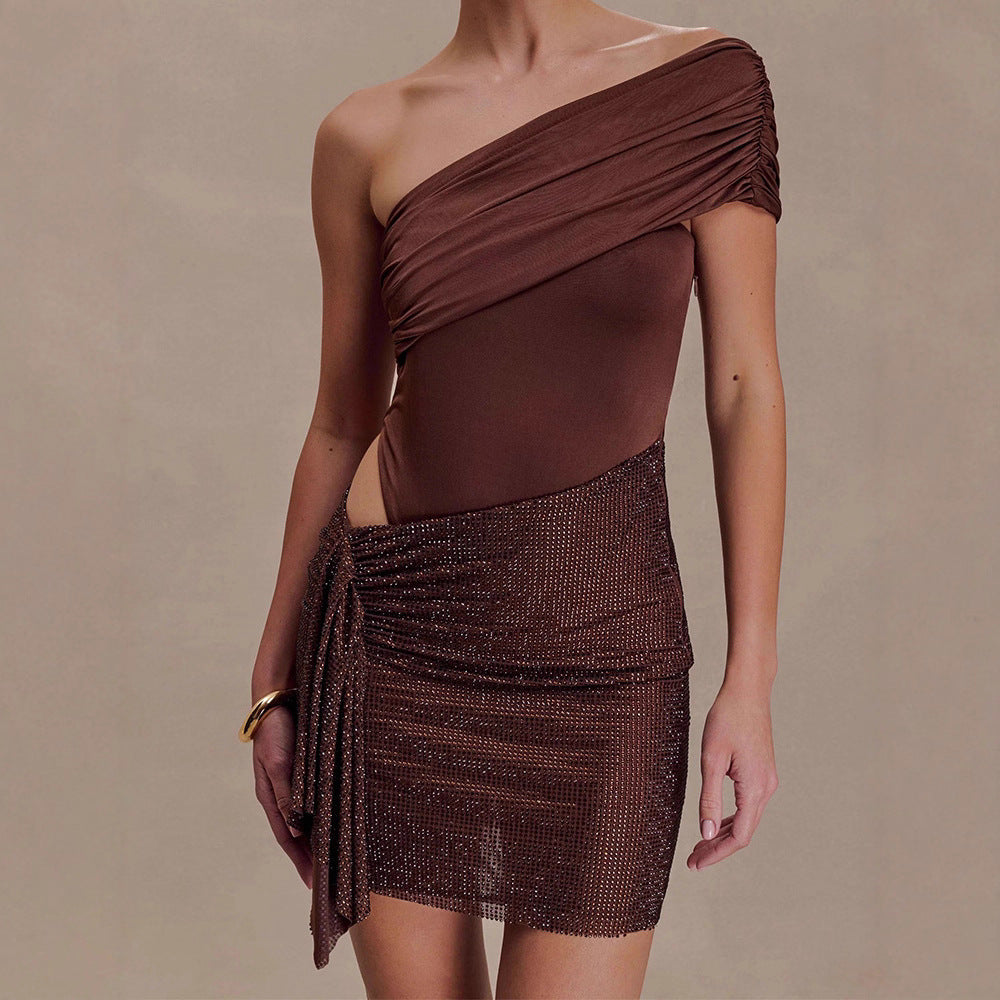 Damen Elegantes One-Shoulder Kleid mit funkelndem Rock EB