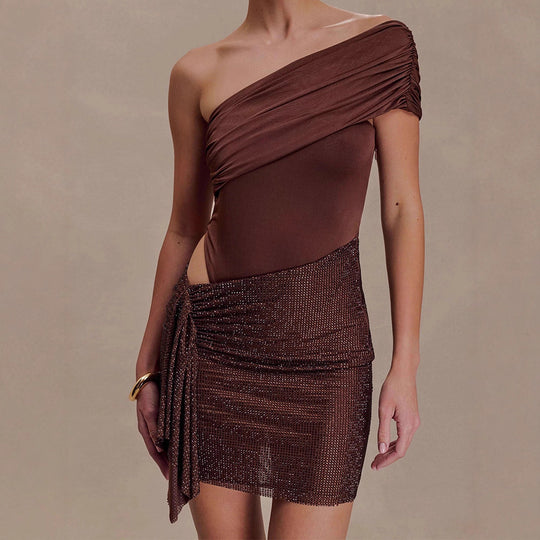 Damen Elegantes One-Shoulder Kleid mit funkelndem Rock EB