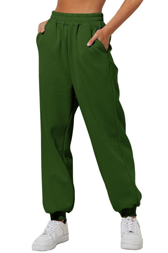 Damen nan lockere High‑Waist Jogginghose mit doppellagigem Komfortbund, seitlichen Eingrifftaschen und gerafften Knöchelbündchen EB