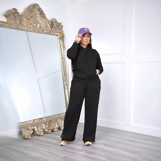 Damen nan Relax-Loungewear-Set mit weitem Highwaist-Palazzo-Jogger, Kapuzenpullover mit Kängurutasche und seitlichem Saumschlitz EB
