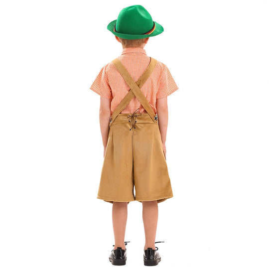 Herren nan traditionelle Kinderlederhose kurz mit aufwendiger Stickerei, Latztasche und verstellbaren Trägern EB