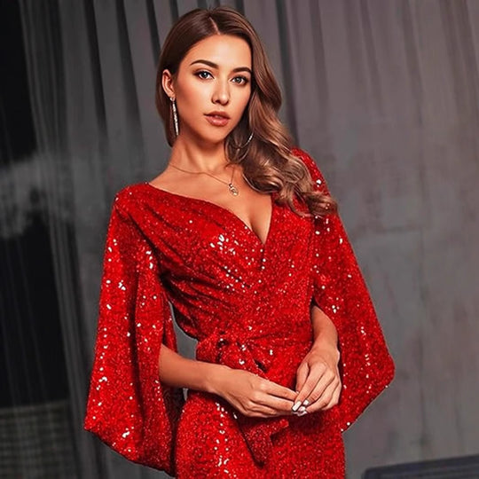 Damen Glamouröses Pailletten-Abendkleid mit tiefem V-Ausschnitt und fließendem Rock EB