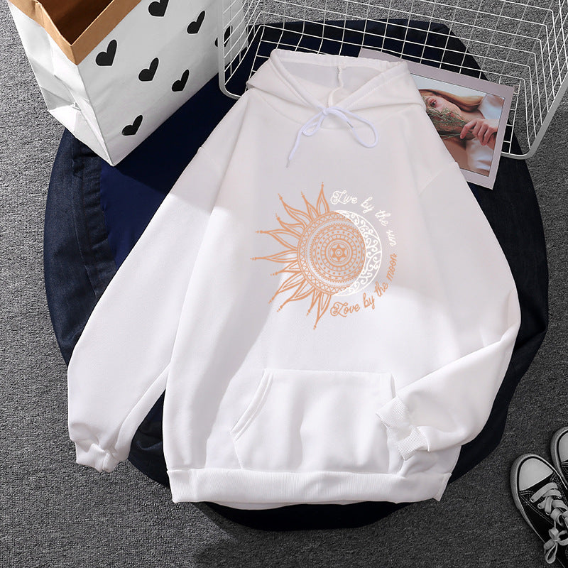Damen nan Kapuzenpullover mit Sonn-und-Mond-Mandala, Kängurutasche und angerautem Fleece EB