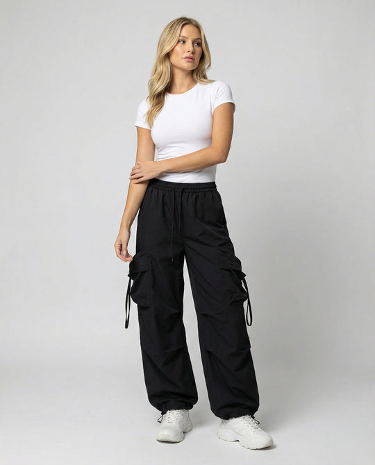 Damen lässige Utility-Palazzohose mit hohem Komfortbund, aufgesetzten Mehrfachtaschen und abgesteppten Kniefalten EB