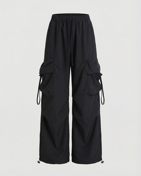 Damen lässige Utility-Palazzohose mit hohem Komfortbund, aufgesetzten Mehrfachtaschen und abgesteppten Kniefalten EB