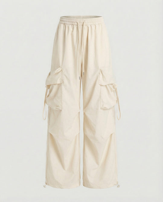 Damen lässige Utility-Palazzohose mit hohem Komfortbund, aufgesetzten Mehrfachtaschen und abgesteppten Kniefalten EB