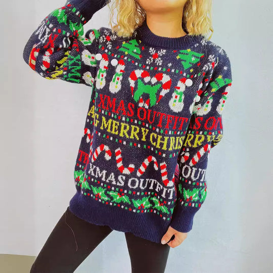 Damen weihnachtlicher Pullover mit bunten Motiven und lustigen Applikationen EB