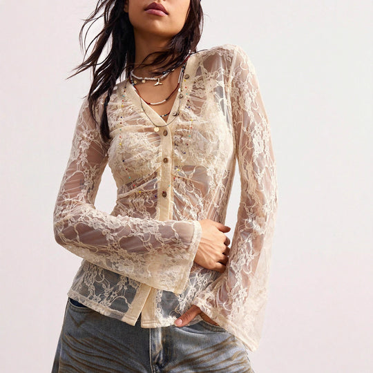 Damen nan zarte Spitzen-Cardigan mit taillierter Silhouette und Knopfleiste EB