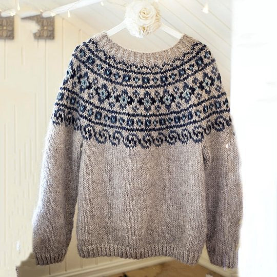 Damen nan melierter Rundhalsausschnittpullover mit kreisförmigem Jacquard-Yoke und geripptem Saum EB