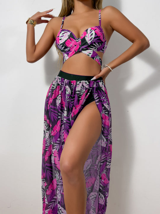 Damen Bikini-Set mit extravagantem Cut-Out und floralem Rock EB