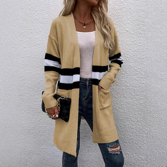 Damen Langarm Strickcardigan mit modernen Streifen und praktischen Taschen EB