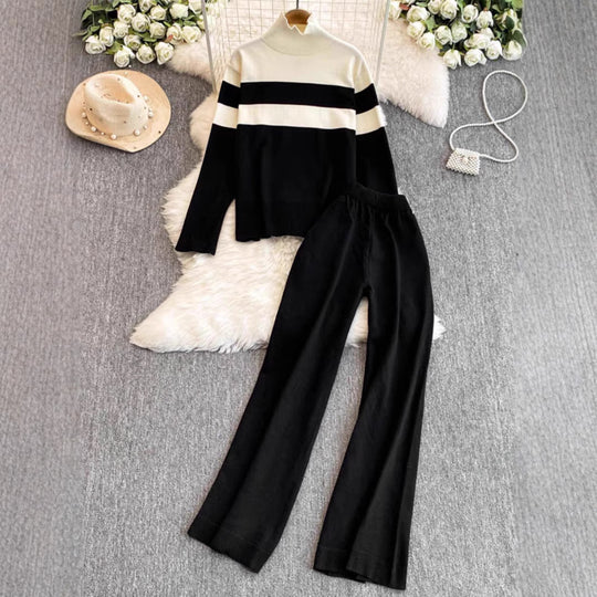 Damen modisches Strick-Loungewear-Set mit hohem Kragen und breiten Streifen EB