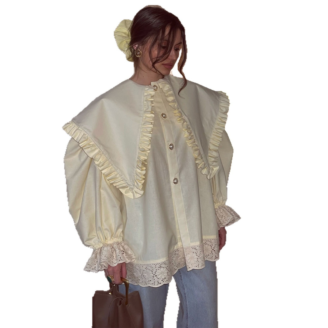 Damen Oversize Bluse mit Rüschendetails und Spitzenbesatz EB