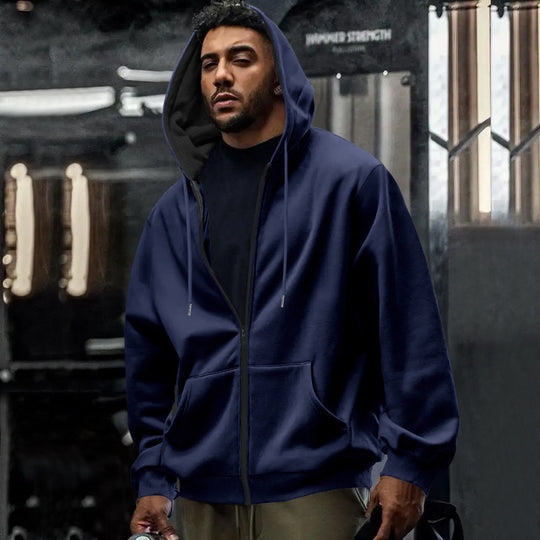 Herren nan oversized Zip-Hoodie mit durchgehendem Reißverschluss, Kängurutasche und gerippten Bündchen EB