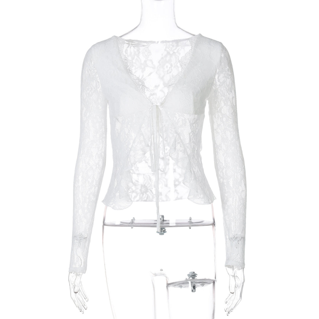 Damen Spitzen-Cropped-Bluse mit Schleifenverschluss EB