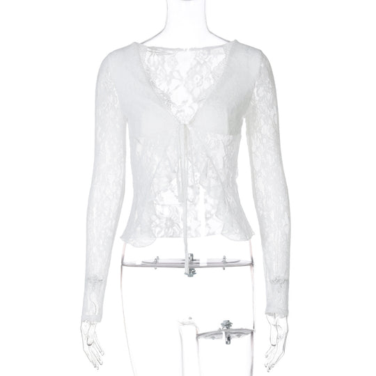 Damen Spitzen-Cropped-Bluse mit Schleifenverschluss EB