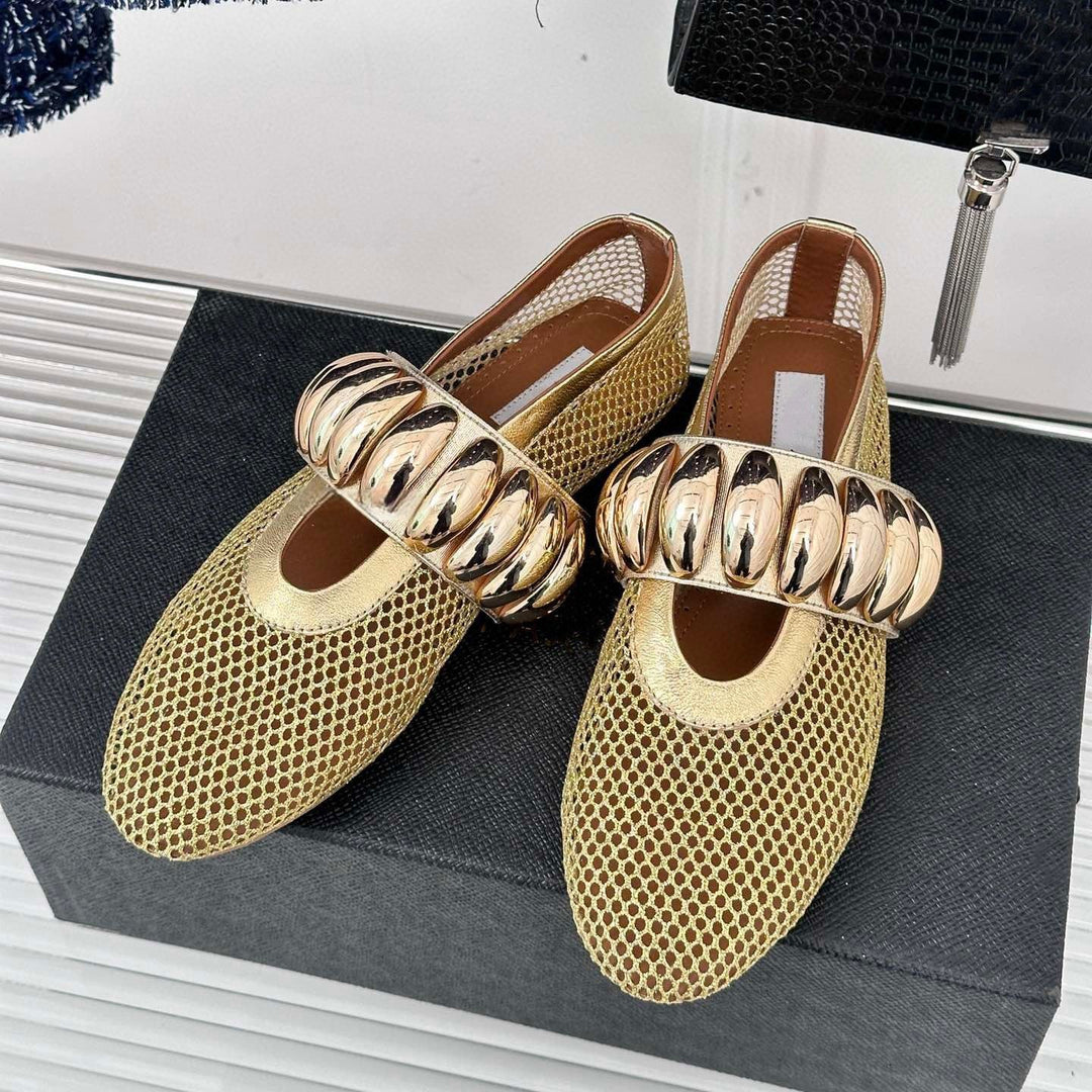 Damen Ballerinas mit glitzerndem Riemen und luftiger Netzoberfläche EB