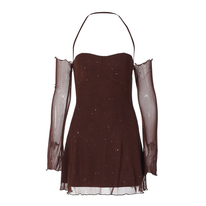 Damen Freizeitkleid mit sexy Ärmeldesign und funkelndem Element EB
