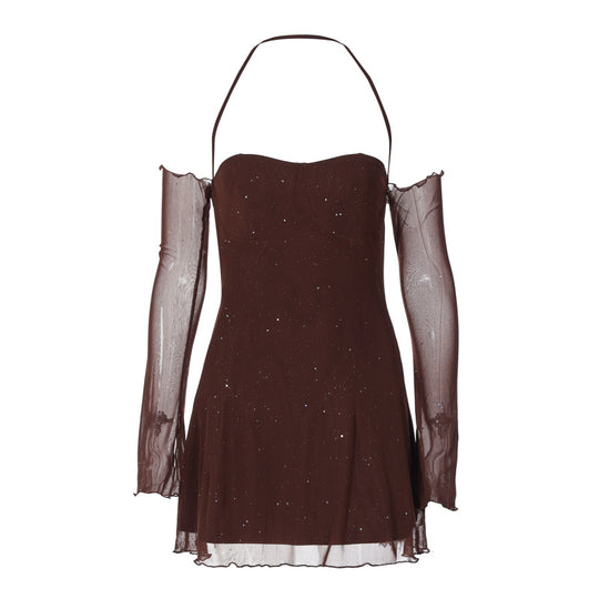 Damen Freizeitkleid mit sexy Ärmeldesign und funkelndem Element EB