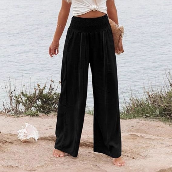 Damen weite und elegante Palazzo-Hose mit hohem Bund und Faltenwurf EB