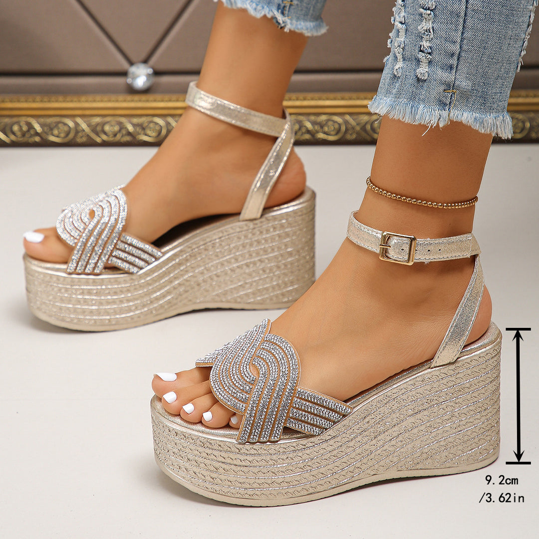 Damen nan Plateau-Sandalen mit geflochtenem Keilabsatz, funkelnden Strassriemen und verstellbarem Knöchelriemen EB