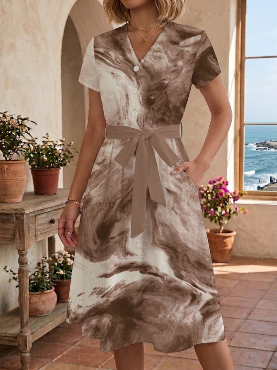 Damen Blühendes Midikleid mit taillierbarem Gürtel und kunstvollem Print EB