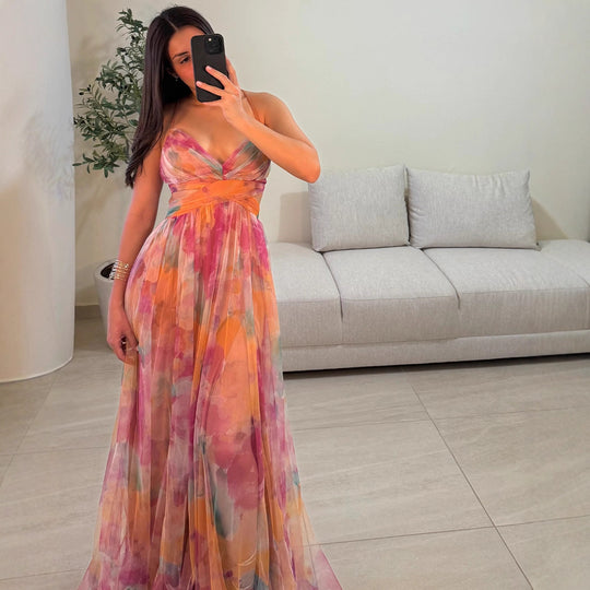 Damen Maxikleid mit floralem Chiffon-Design und eleganter Taillierung EB