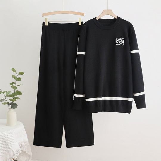 Damen modisches Freizeit-Loungewear-Set mit breiten Beinen und dezentem Logo EB