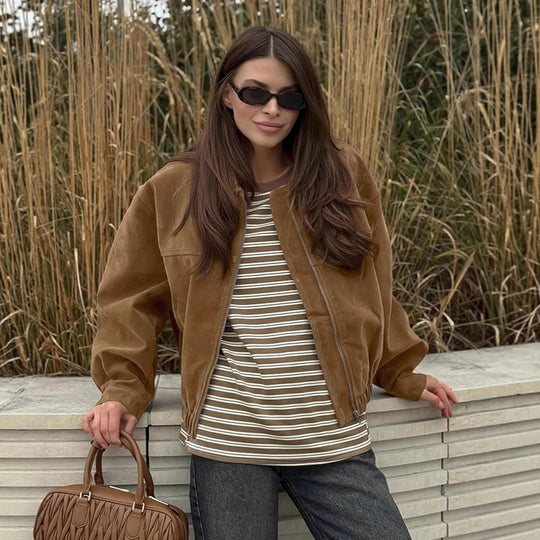 Damen Modische Wildlederjacke mit elastischem Bund und asymmetrischem Kragen EB