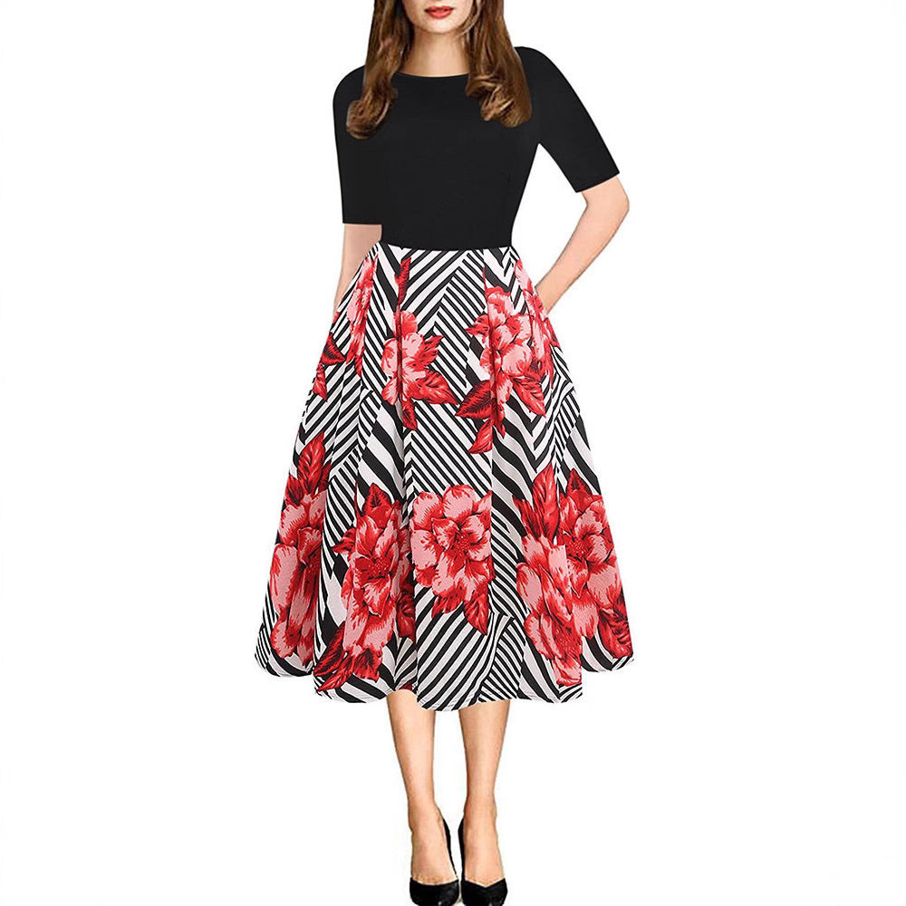 Damen Midikleid mit floralem Muster und gestreiften Akzenten EB