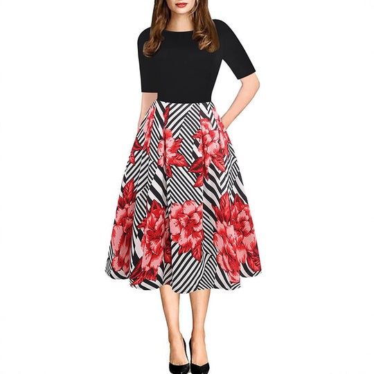 Damen Midikleid mit floralem Muster und gestreiften Akzenten EB