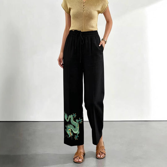 Damen nan lässige Leinen-Baumwoll Culotte mit elastischem Bund und Tigerstickerei EB