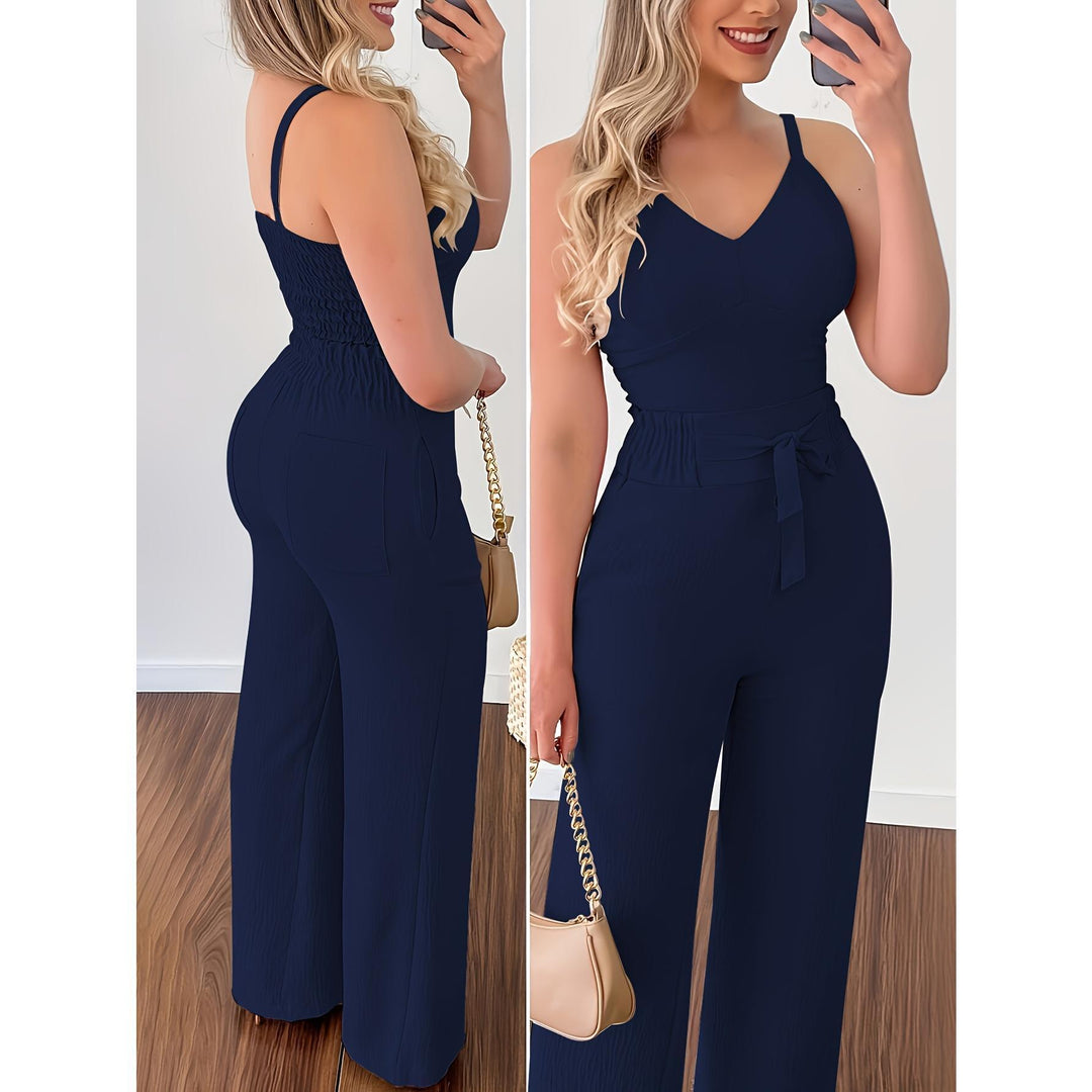 Damen eleganter Jumpsuit mit Taillengürtel und weitem Bein EB