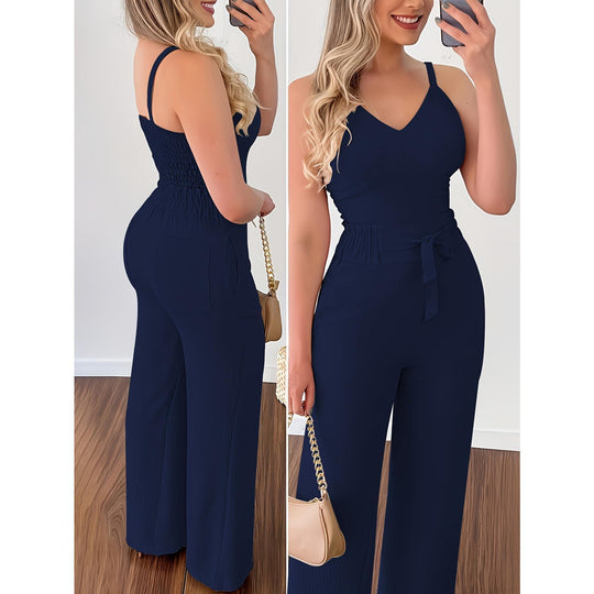 Damen Jumpsuit mit breiten Beinen und Schärpe EB
