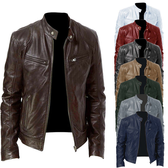 Herren nan schlanke Echtleder-Bikerjacke mit Stehkragen, zwei Brust-Reißverschlusstaschen und geradliniger Silhouette EB