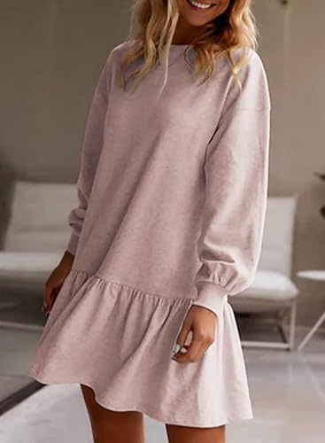 Damen lässiges Sweatkleid mit voluminösen Ärmeln und Rüschensaum EB