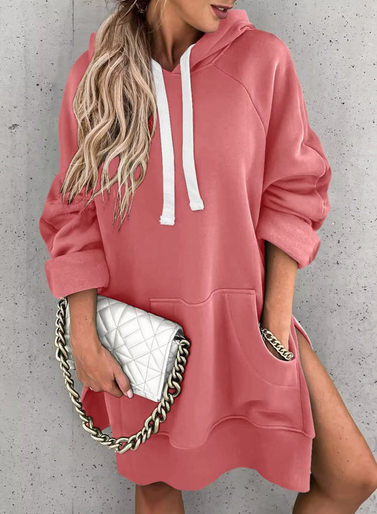 Damen lässiges Kapuzenkleid mit praktischen Eingrifftaschen und seitlichen Schlitzen EB