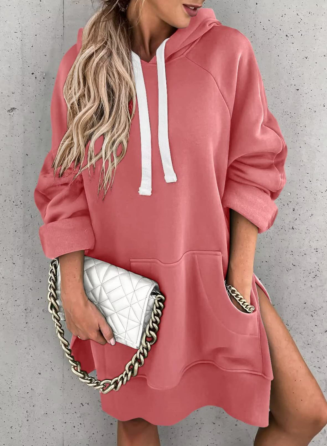 Damen Sweatkleid mit Kapuze und seitlichen Taschen EB