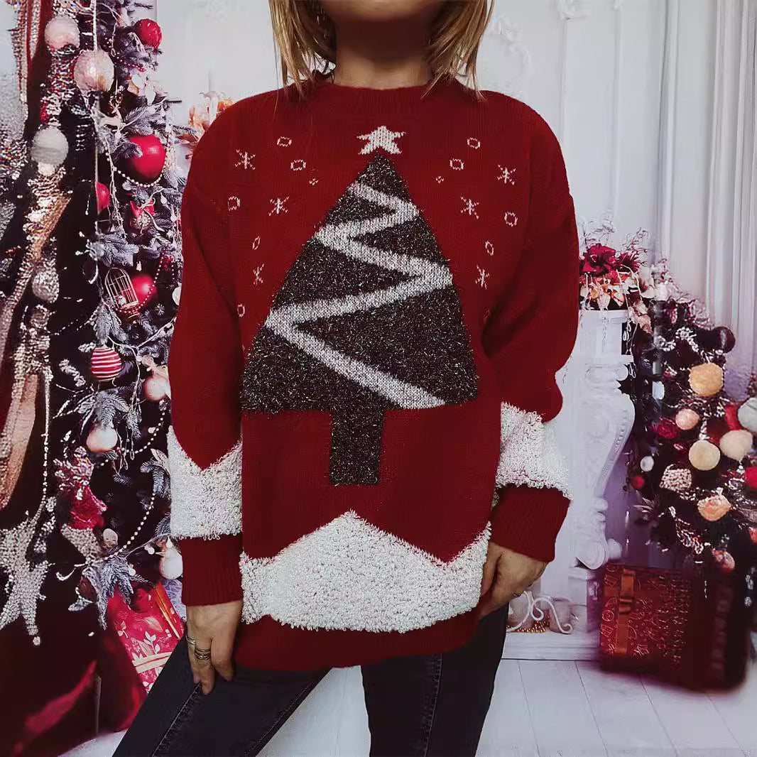 Damen Weihnachts-Pullover mit glitzerndem Baum-Motiv und kuscheliger Struktur EB