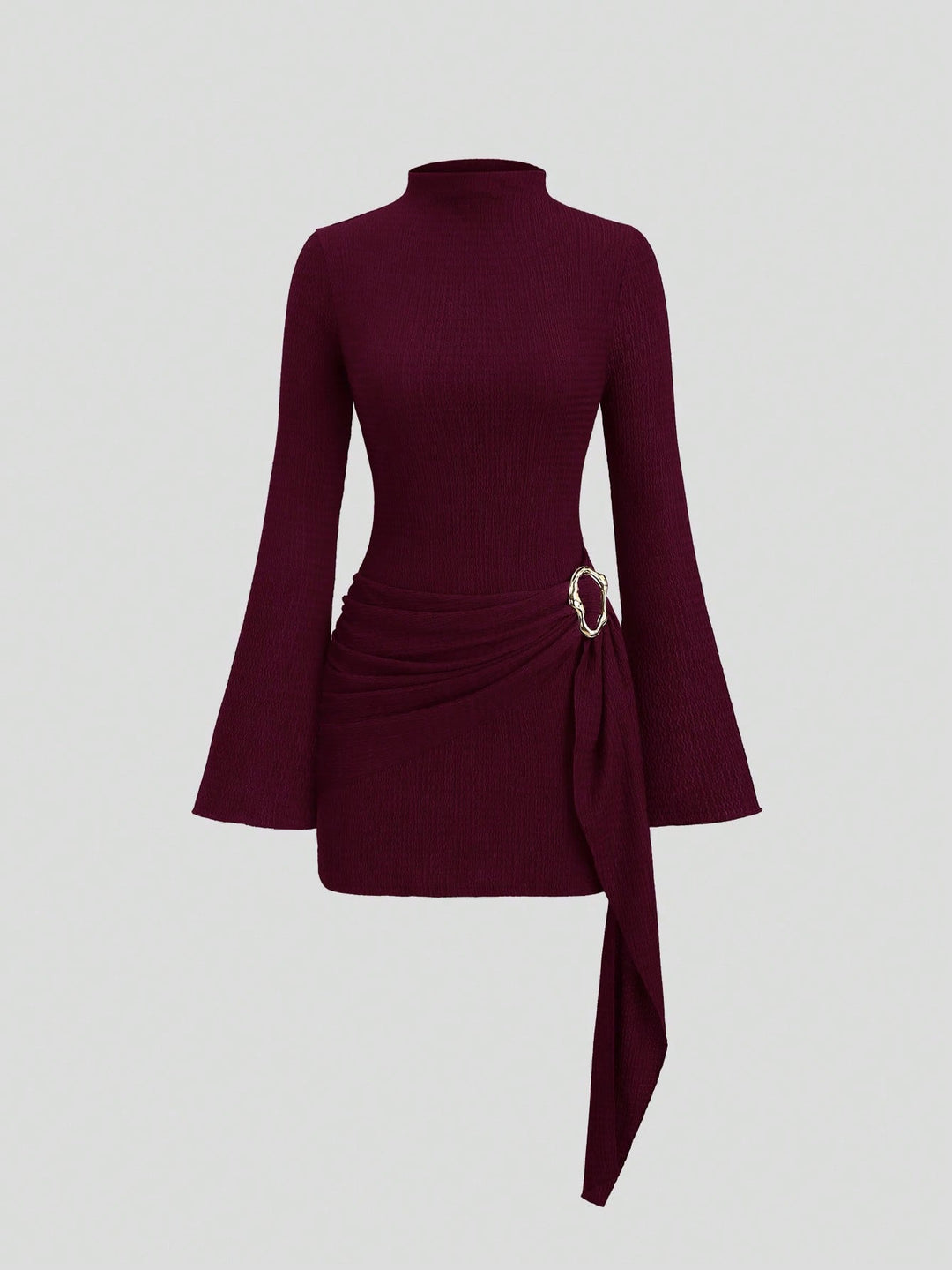 Damen nan figurbetontes Strick-Minikleid mit Stehkragen, Trompetenärmeln und seitlichem Drapé mit Zierring EB