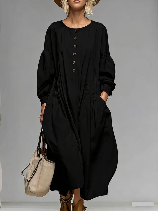 Damen Lässiges Midi-Kleid mit Knopfleiste, Ballonärmeln und Eingrifftaschen EB