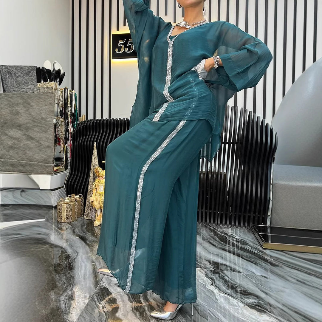 Damen elegante und luftige Bluse mit weitem Schnitt und passender Hose EB
