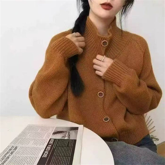 Damen kuscheliger Hochkragen-Cardigan mit Knopfdetails EB