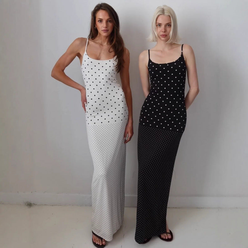 Damen Elegantes Polka-Dot Maxikleid mit verstellbaren Trägern und fließendem Schnitt EB