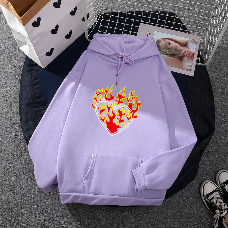 Damen nan leichter Oversize Kapuzenpullover mit Herz‑EKG‑Motiv, langen Kordeln und elastischem Bund EB