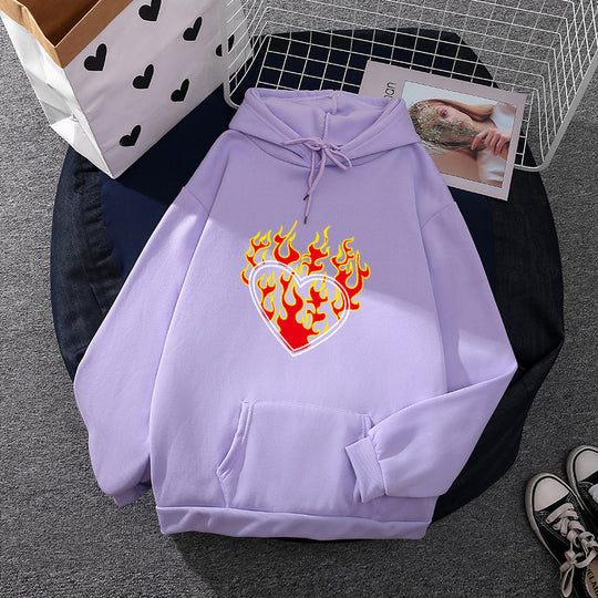 Damen nan leichter Oversize Kapuzenpullover mit Herz‑EKG‑Motiv, langen Kordeln und elastischem Bund EB
